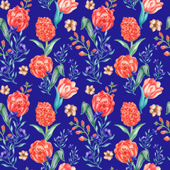 Watercolor seamless pattern countryside tulips garden