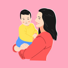 Mother holding her baby. Editable stroke. Flat vector illustration.