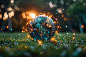 Digital network graphics superimposed on a lush grass background, symbolizing global connectivity and eco-technology..