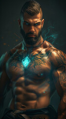 Fototapeta na wymiar paranormal futuristic fantasy portrait of a muscular shirtless man with glowing - generative ai