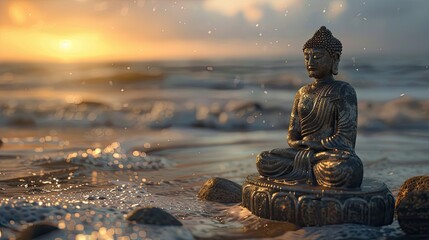 Zen beach background, statue yoga