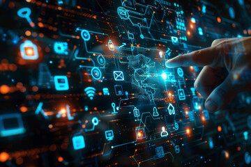 Obraz premium A hand appears to manage a complex digital network with glowing connections, illustrating concepts of cyber security and data management..