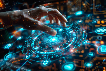 A hand appears to manage a complex digital network with glowing connections, illustrating concepts of cyber security and data management..