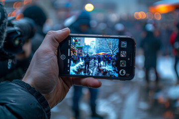 Hands framing a vibrant city street at night with festive lights via a smartphone camera, capturing the urban glow..