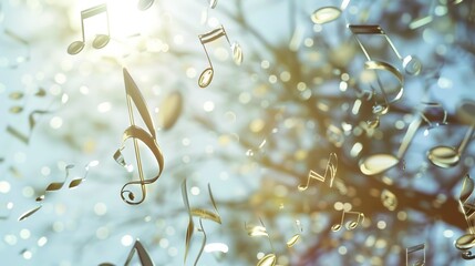 a musical staff with notes and melodies gracefully floating on a translucent background, evoking a sense of serenity and harmony in the viewer