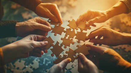 several hands clasping together in unity, forming a tight grip on a jigsaw puzzle piece, symbolizing teamwork and collaboration in solving complex challenges