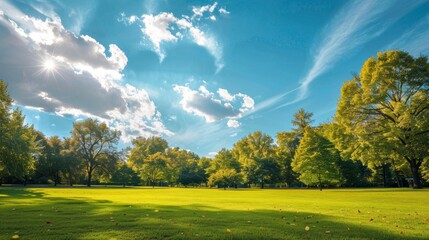 Beautiful park with robust trees with a beautiful blue sky with clouds and a green meadow in high...