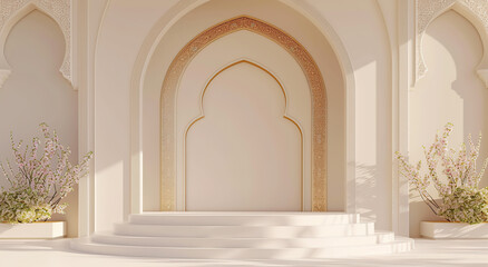 Naklejka premium 3d render podium with mosque decoration background, white and gold color theme, banner mockup for product presentation