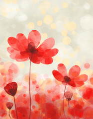 Grunge background with hand drawn red flowers on watercolor paper for wallpaper, packaging, wedding invitations