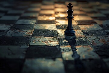 Key on chessboard, king piece shadow, closeup, strategic leadership, soft focus - obrazy, fototapety, plakaty