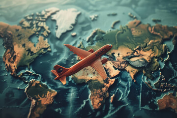 Close-up of a model airplane flying over a detailed, glowing map of the world, showcasing global...