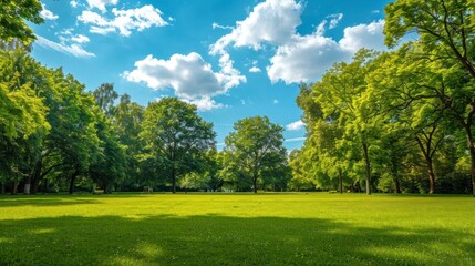 Obraz premium Beautiful park with robust trees with a beautiful blue sky with clouds and a green meadow in high resolution and high quality. concept parks, forest, meadow, city