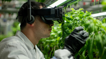 A man in a white lab coat wearing VR goggles is examining and interacting with lush green plants in an indoor agricultural environment
