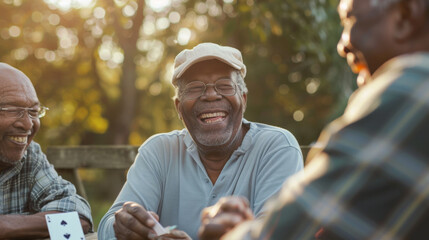 Senior men with smiles engage in a card game outdoors. - obrazy, fototapety, plakaty