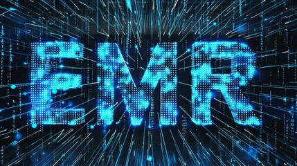blue matrix binary code forms the acronym EMR , symbolizing the concept of Electronic Medical Record.
 - obrazy, fototapety, plakaty