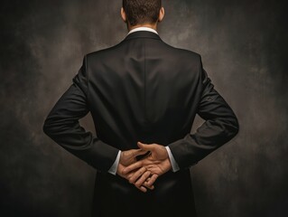 Back view of a businessman with crossed fingers behind his back, symbolizing deceit or planning. - obrazy, fototapety, plakaty