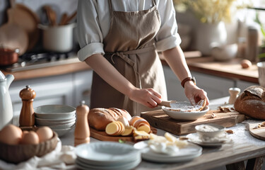 Selective focus.woman cooking breakfast with bread and food menu ingredient on kitchen island counter.cozy home style.healthy eating concepts.