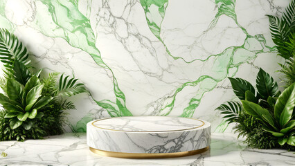 Green Marble Product Display Background, white marble stand display platform mock up, Stone podium, summer product stage presentation green pedestal plant rock leaf art abstract, marble pedestal