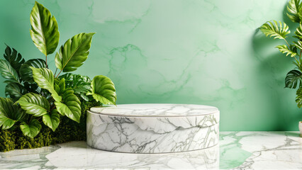 Green Marble Product Display Background, white marble stand display platform mock up, Stone podium, summer product stage presentation green pedestal plant rock leaf art abstract, marble pedestal