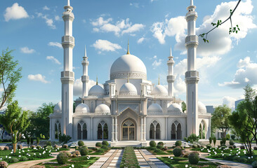 Fototapeta na wymiar 3d model of white mosque with dome and minarets, with small garden around it, on circular platform, hyper realistic, generative ai