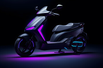 Modern electric scooter with neon purple lights isolated on black background