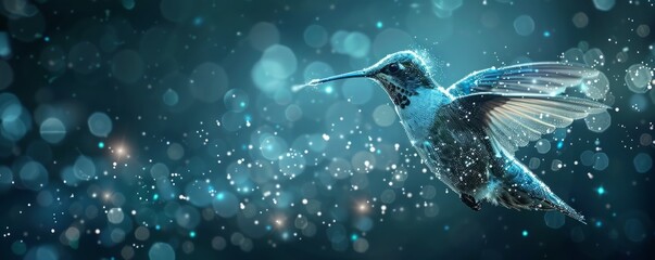 Harmonious data flow concept with Digital humming bird flying on dark-blue background - obrazy, fototapety, plakaty
