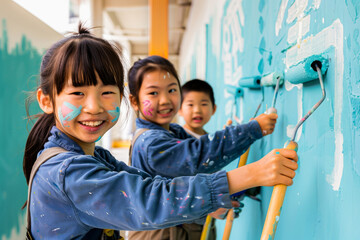 Cheerful children with paint on their faces enjoying a fun art project, painting a wall together and smiling.