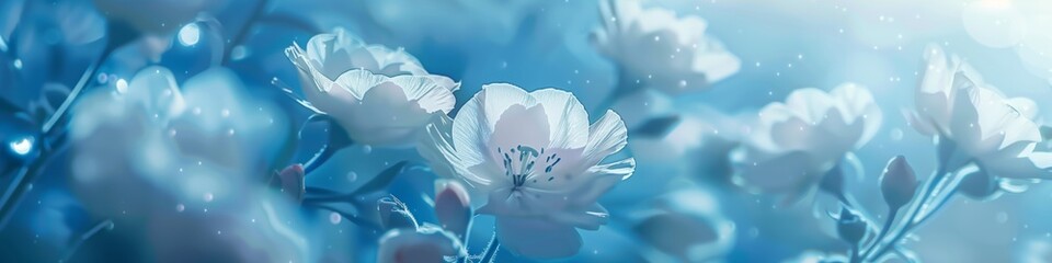white flowers shimmer on a surreal blue pastel scene
