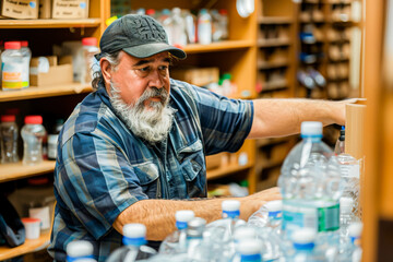 A bearded senior man stocking bottled water on the shelves at a supermarket, focused on his retail job.