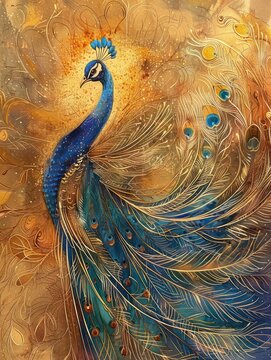 This magnificent image showcases a vibrant blue peacock with a splendid tail on a shimmering golden background, capturing its grace and elegance
