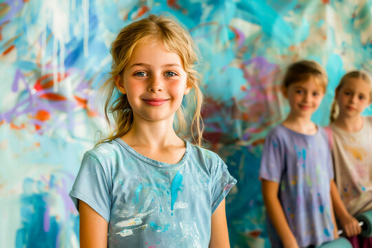 Portrait of a cheerful young girl with paint on her clothes, smiling at an art class with friends in the background.