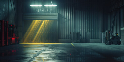 Abandoned warehouse with forklift truck under glowing yellow light in the center of the room