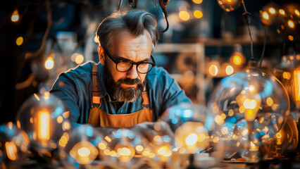 An artisan craftsman intently working on assembling vintage lighting in a workshop filled with handmade bulbs.
