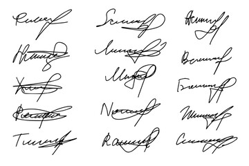 Set of autograph fictitious, handwritten fake signature. Isolated doodle on white background, vector illustration - obrazy, fototapety, plakaty