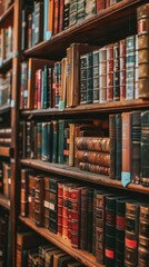 An extensive collection of vintage books arranged neatly on a classic wooden bookshelf, demonstrating elegance and literary culture
