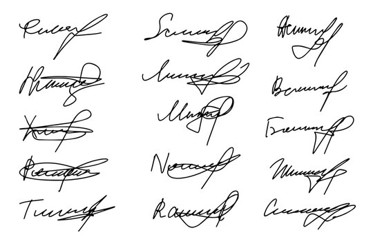 Set of autograph fictitious, handwritten fake signature. Isolated doodle on white background, vector illustration