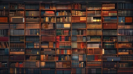 A detailed image showcasing an extensive collection of books arranged in a wooden bookshelf, casting a warm ambient atmosphere perfect for backgrounds or concepts - Powered by Adobe