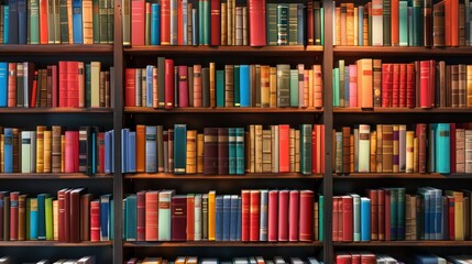 An organized array of colorful book spines fill the shelves in a library setting, presenting a variety of subjects and authors