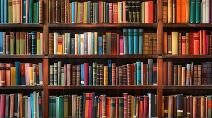 A high-resolution image showcasing a colorful array of books tightly packed in a wooden bookshelf, evoking a cozy and intellectual atmosphere