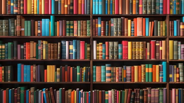 An extensive collection of vibrant, colorful books arranged neatly on wooden shelves, showcasing a variety of sizes and bindings