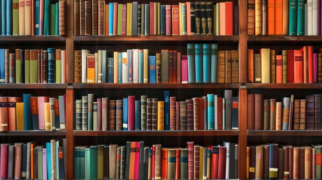 A high-resolution image showcasing a colorful array of books tightly packed in a wooden bookshelf, evoking a cozy and intellectual atmosphere