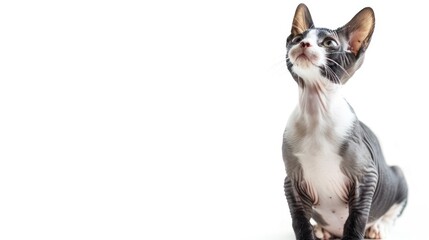 Fototapeta premium A hairless Sphynx cat attentively gazes upwards, its ears perked, and eyes wide, against a stark white background, highlighting its unique features
