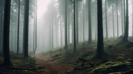 Landscapes with forests in the fog, mysterious forests - obrazy, fototapety, plakaty