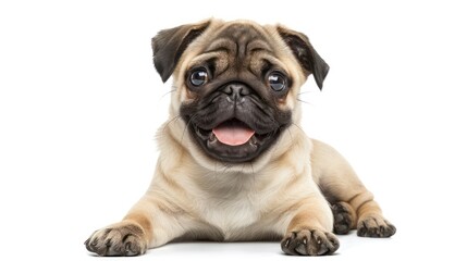This charming image captures a pug puppy lying on its belly, looking directly with a playful and joyful expression, showcasing the breed's distinct features