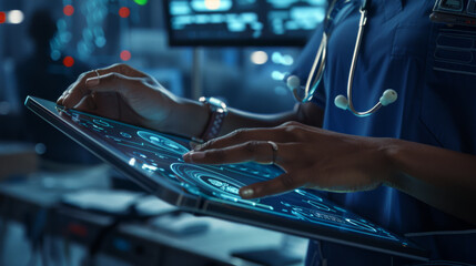 A healthcare professional is interacting with a futuristic digital tablet displaying medical data.