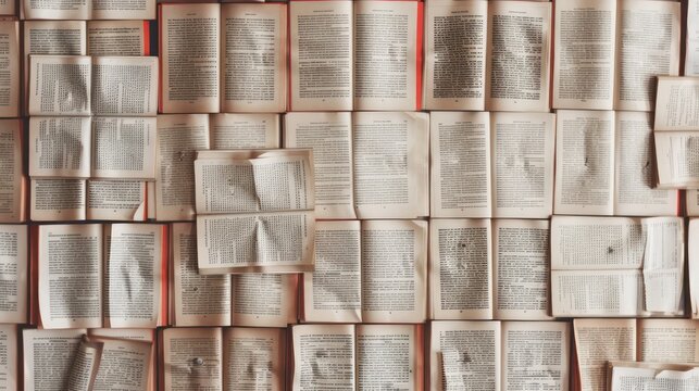 A mesmerizing array of open books laid out in a pattern, pages fluttering, creating texture and a rhythmic visual effect on a warm toned backdrop