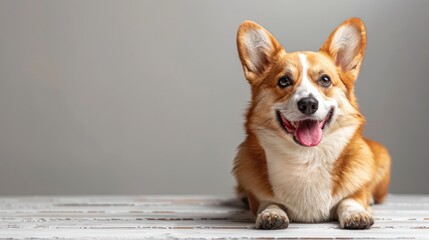 a cheerful welsh corgi dog lying down on a white wooden surface, looking at the camera with a bright and lively expression