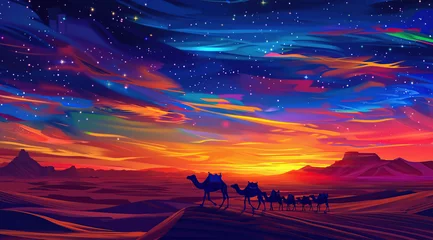 Foto op Plexiglas A desert landscape at sunset with camels silhouetted against the sky generative ai © Wijaya