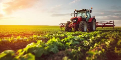A tractor tills the soil among vibrant green crops under the warm glow of the setting sun - obrazy, fototapety, plakaty