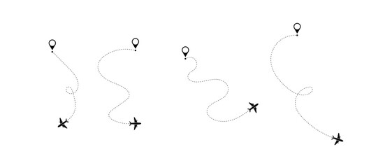 Airplane line path vector icon of air plane flight route with start point and dash line trace - vector illustration - obrazy, fototapety, plakaty
